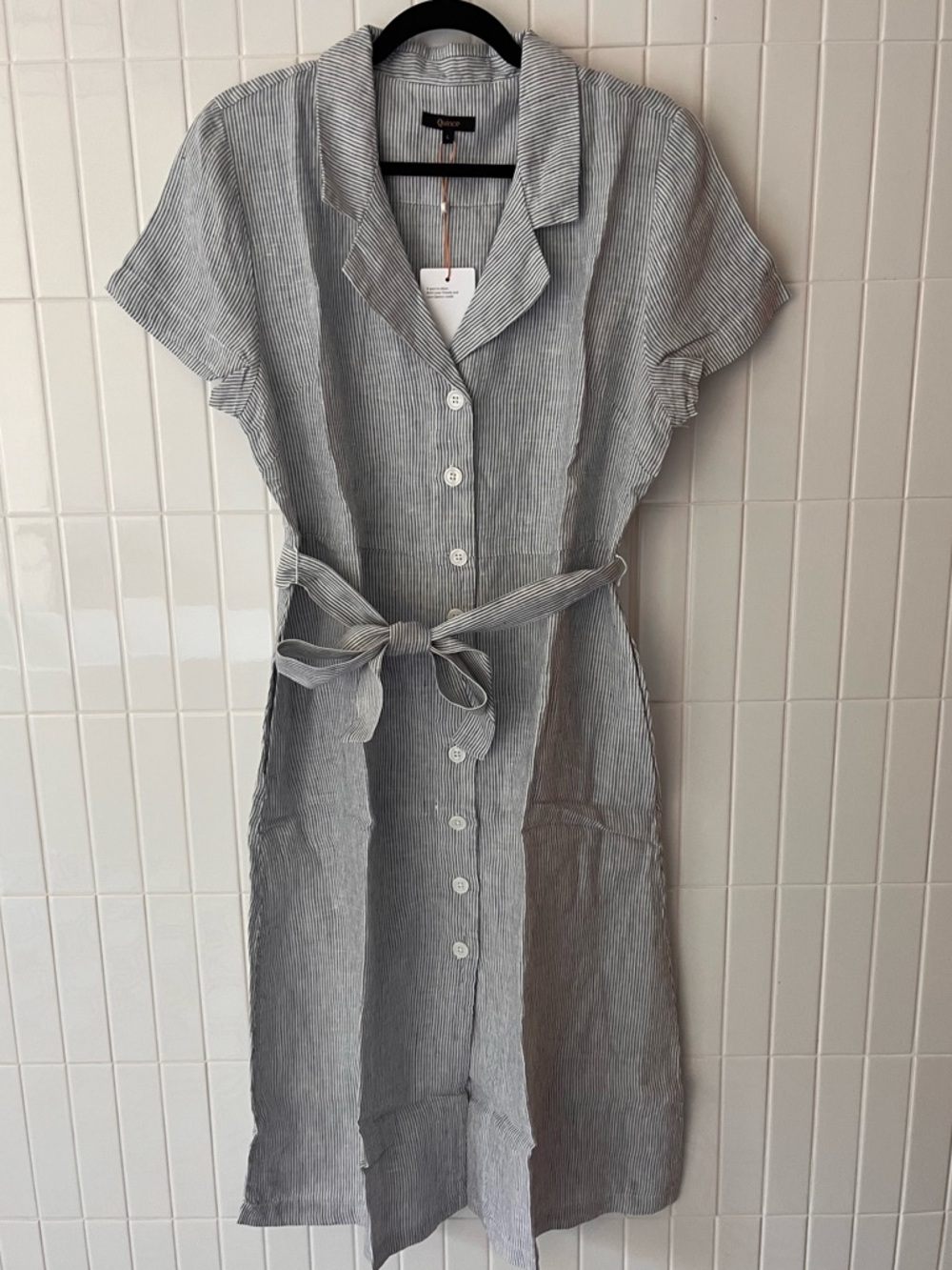 Quince Linen Shirtdress | L | Blue White Stripe | Belted | NWT